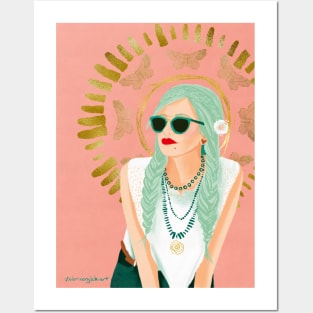 Bohemian Girl with Red Lipstick and Sunglasses Posters and Art